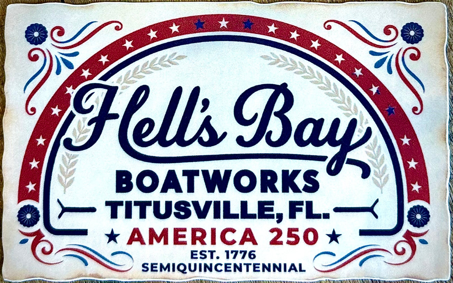
                  
                    Hell’s Bay Boatworks Titusville Florida America 250 rectangular patriotic sticker
                  
                