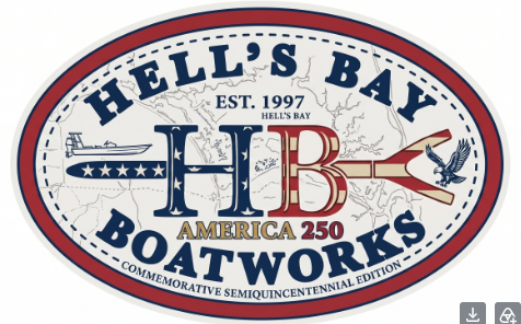 
                  
                    Hell’s Bay Boatworks America 250 round commemorative sticker with patriotic boat artwork
                  
                