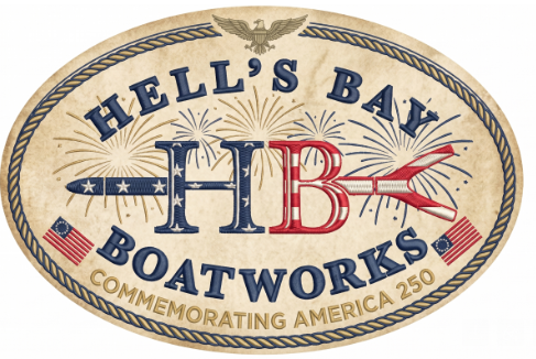 
                  
                    Hell’s Bay Boatworks America 250 oval patriotic sticker with red white and blue boat graphic
                  
                