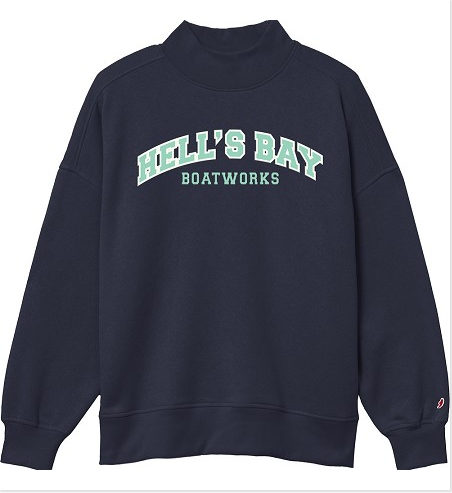 Navy blue Hell’s Bay Diana Mock Neck Pullover with collegiate-style Boatworks chest lettering, relaxed shoulders, and ribbed cuffs.