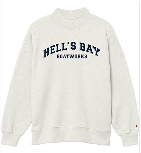 Oatmeal Heather Hell’s Bay Diana Mock Neck Pullover with navy collegiate-style Boatworks lettering, dropped shoulders, and ribbed cuffs.