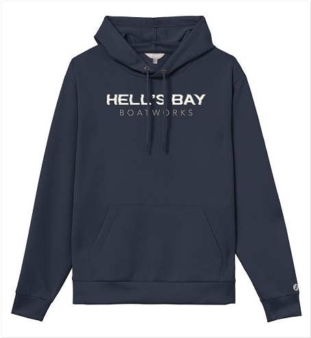 Navy Hell’s Bay Monterey pullover hoodie with white Boatworks chest lettering, drawstring hood, front kangaroo pocket, and fitted cuffs.