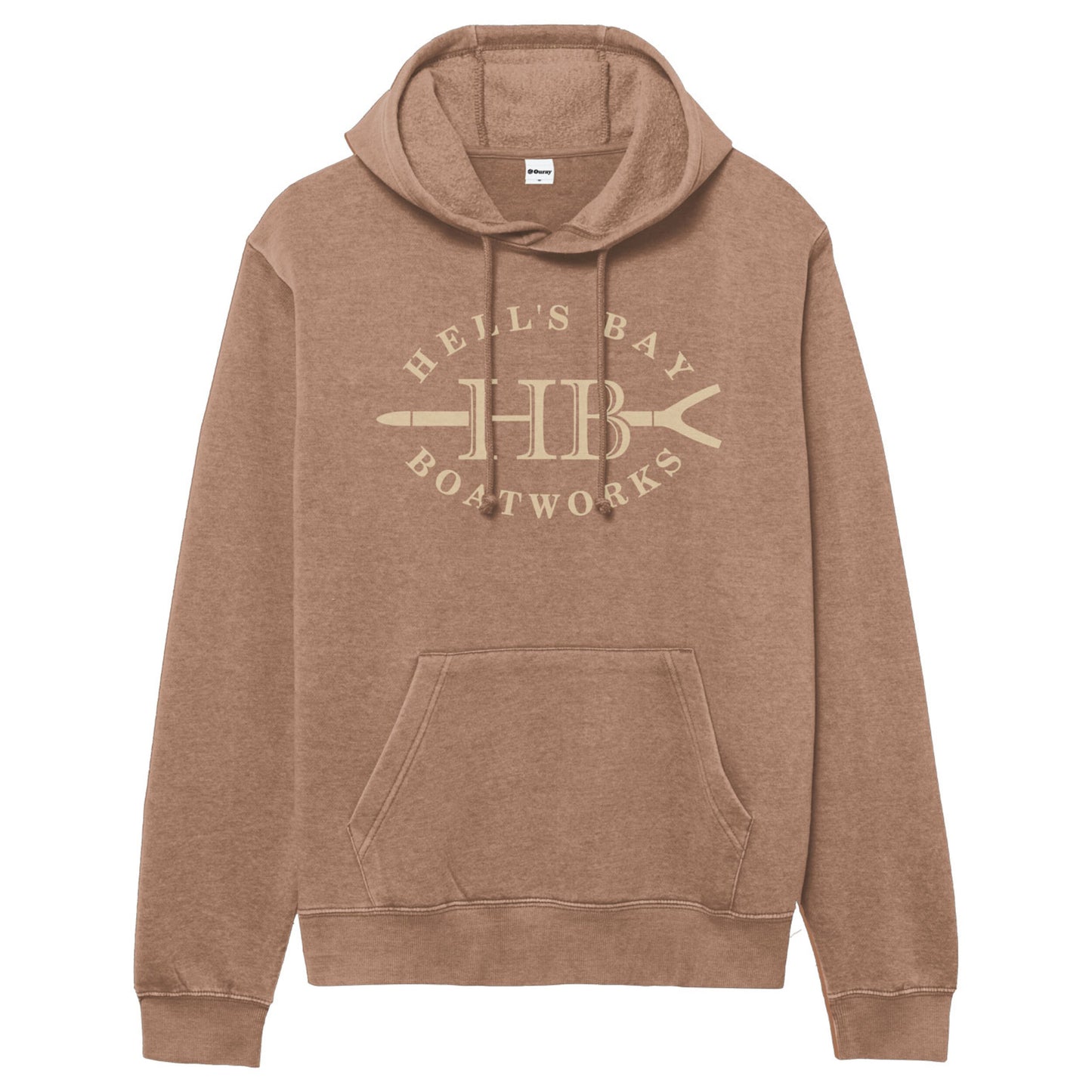 Heather Camel Hell’s Bay Weathered Fleece Hoodie with cream HB push pole logo, drawstring hood, ribbed cuffs, and front kangaroo pocket.