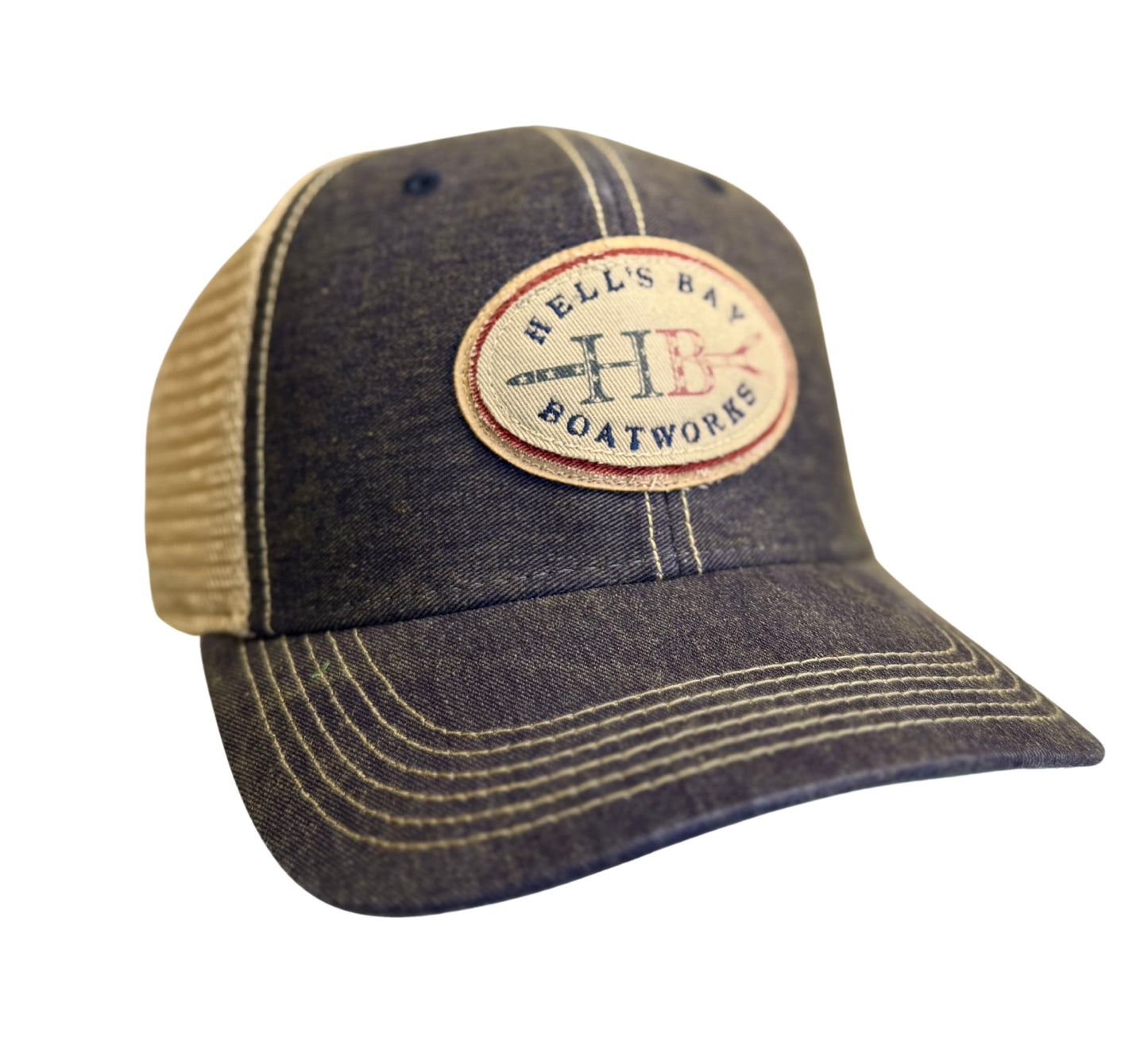 Denim cap with a logo on a white background