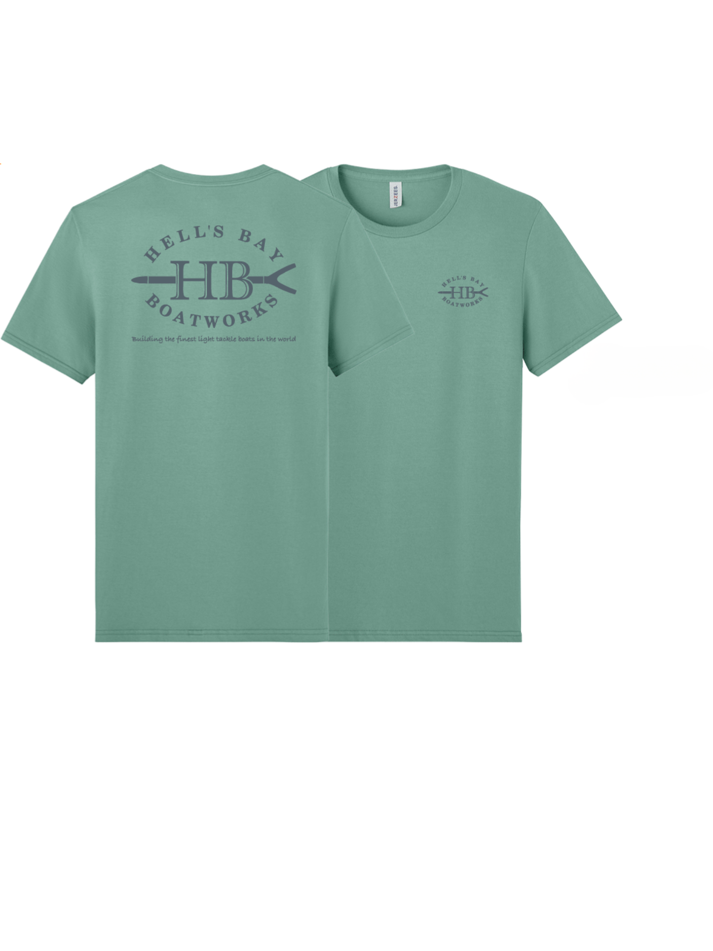 A sage green short-sleeve t-shirt shown from both the front and back. The front features a small, subtle circular logo on the left chest, while the back displays a larger, more detailed graphic reading 'HELL'S BAY BOATWORKS' with crossed boat props and 'HB' in the center.