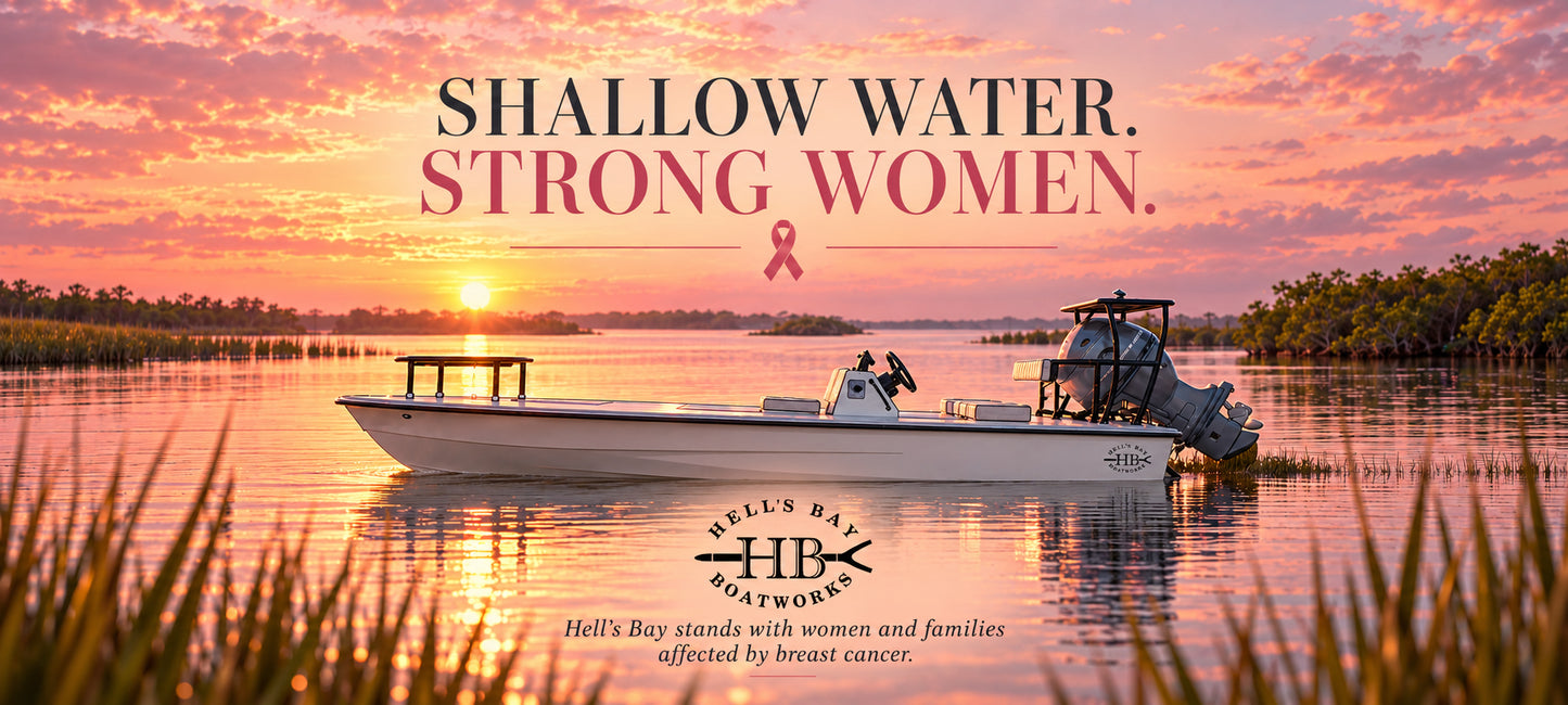 A white motorboat floats on calm water at sunset under a pink-orange sky, with large overlaid text reading 'SHALLOW WATER. STRONG WOMEN.