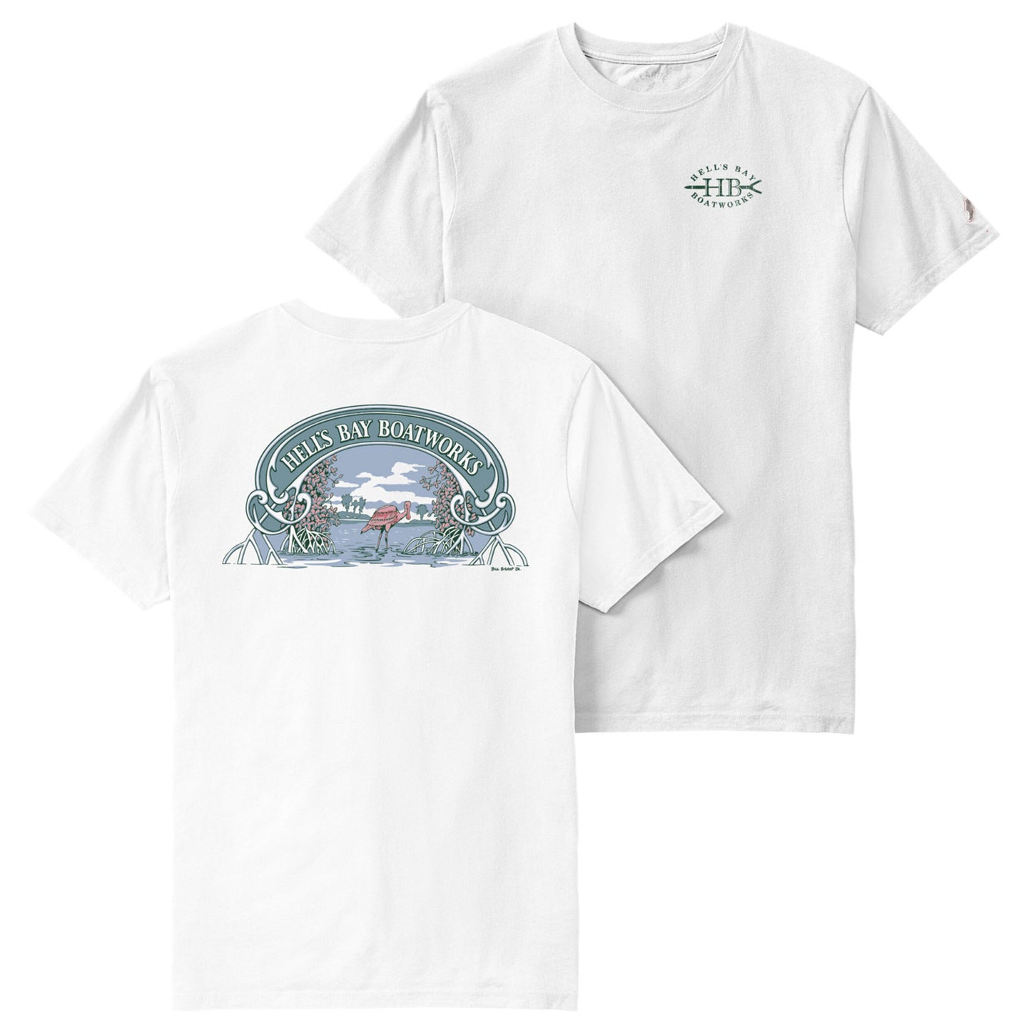 Two white short-sleeve t-shirts shown on a plain white background, with the front and back views overlapping. The back shirt features a large multicolor graphic print in blue, green, and pink, and the front shirt has a small matching circular chest logo.