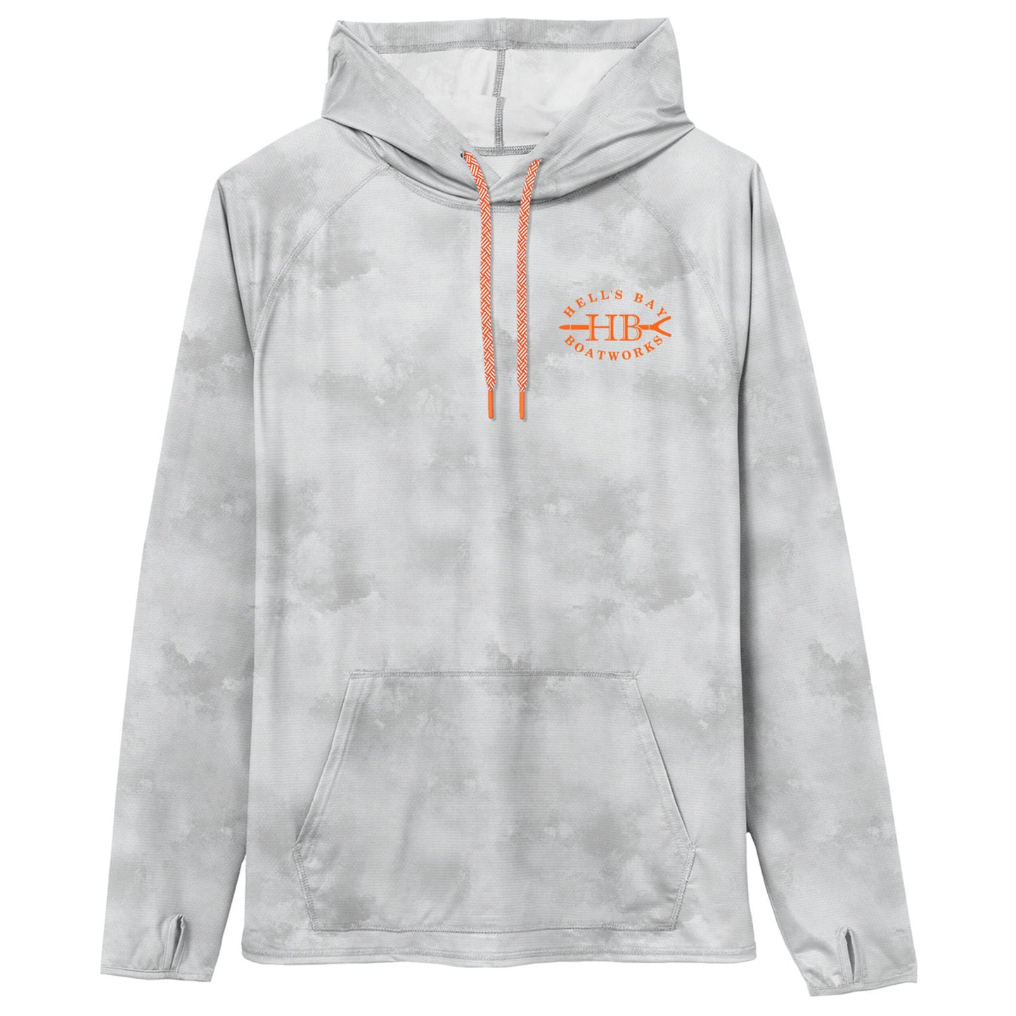 Hell’s Bay Stratus Cloud Performance Sun Hoodie with orange chest logo, hood, drawcords, thumb holes, and front kangaroo pocket.