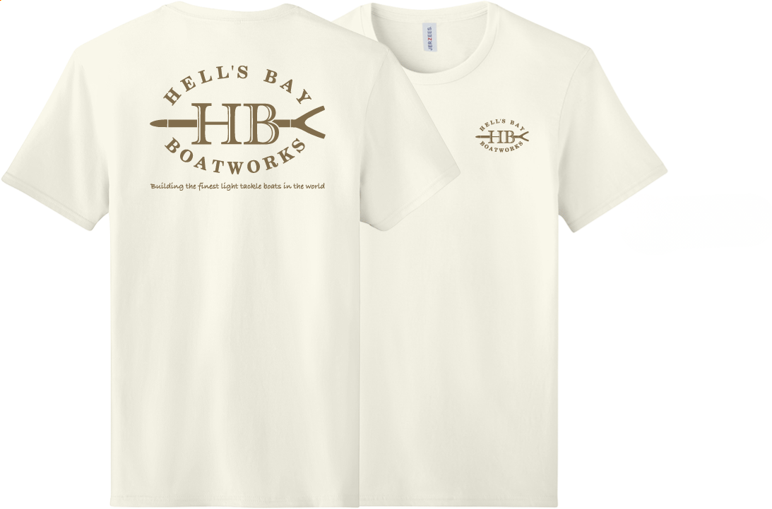 Two cream-colored short-sleeve t-shirts shown against a white background, displaying the front and back views. The back features a large brown graphic with an arrow and the text 'HELL'S BAY BOATWORKS' and 'HB'.