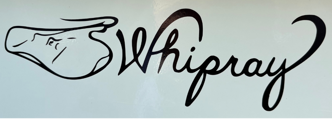 A black script decal spelling 'Whipray' with a small hand icon on the left, shown on a light gray rectangular background.