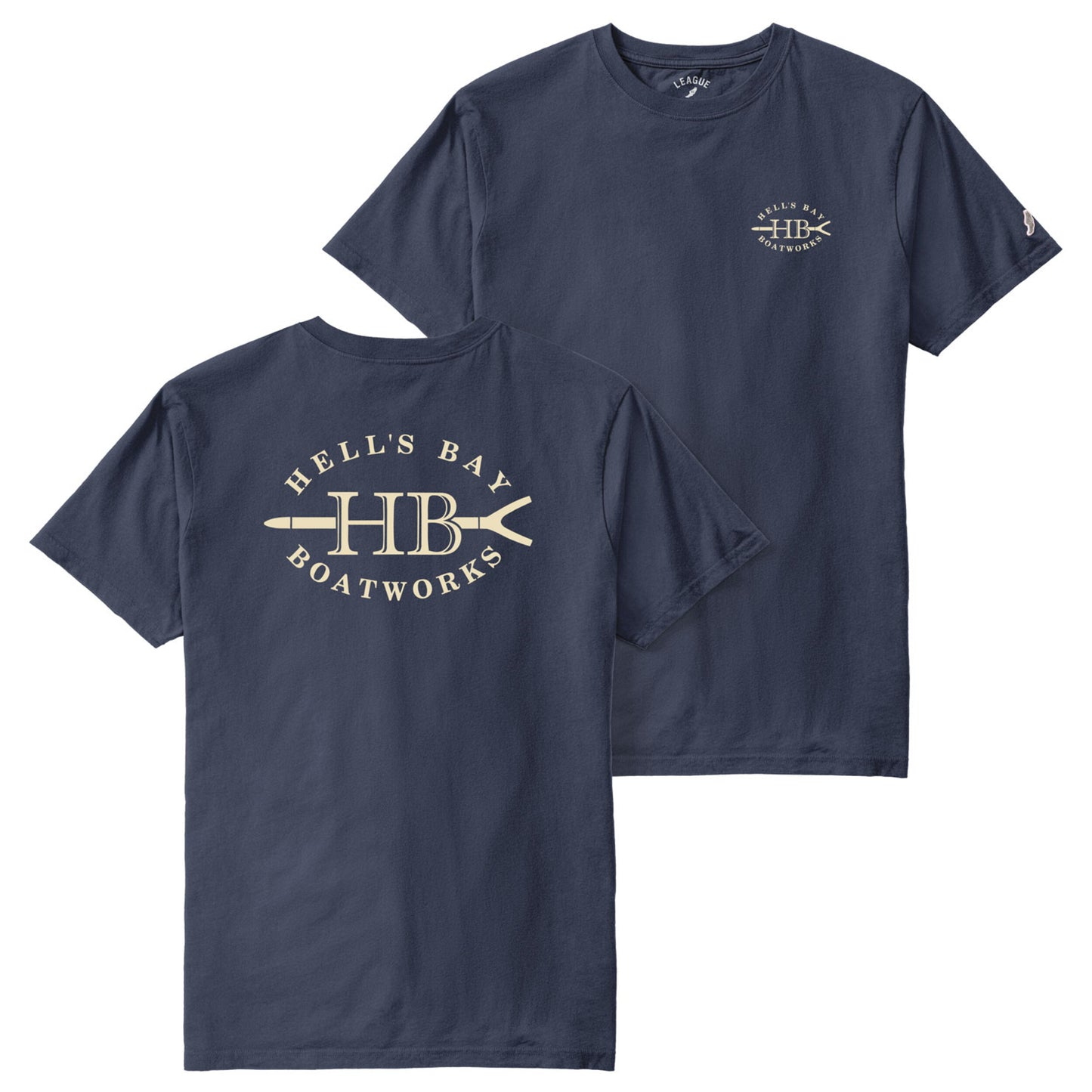 Navy blue t-shirt with 'Hell's Bay Boatworks' logo on a white background