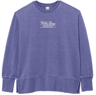 A heathered periwinkle blue crewneck sweatshirt with 'Hello Boys' printed in white script on the chest, displayed on a clean white background.