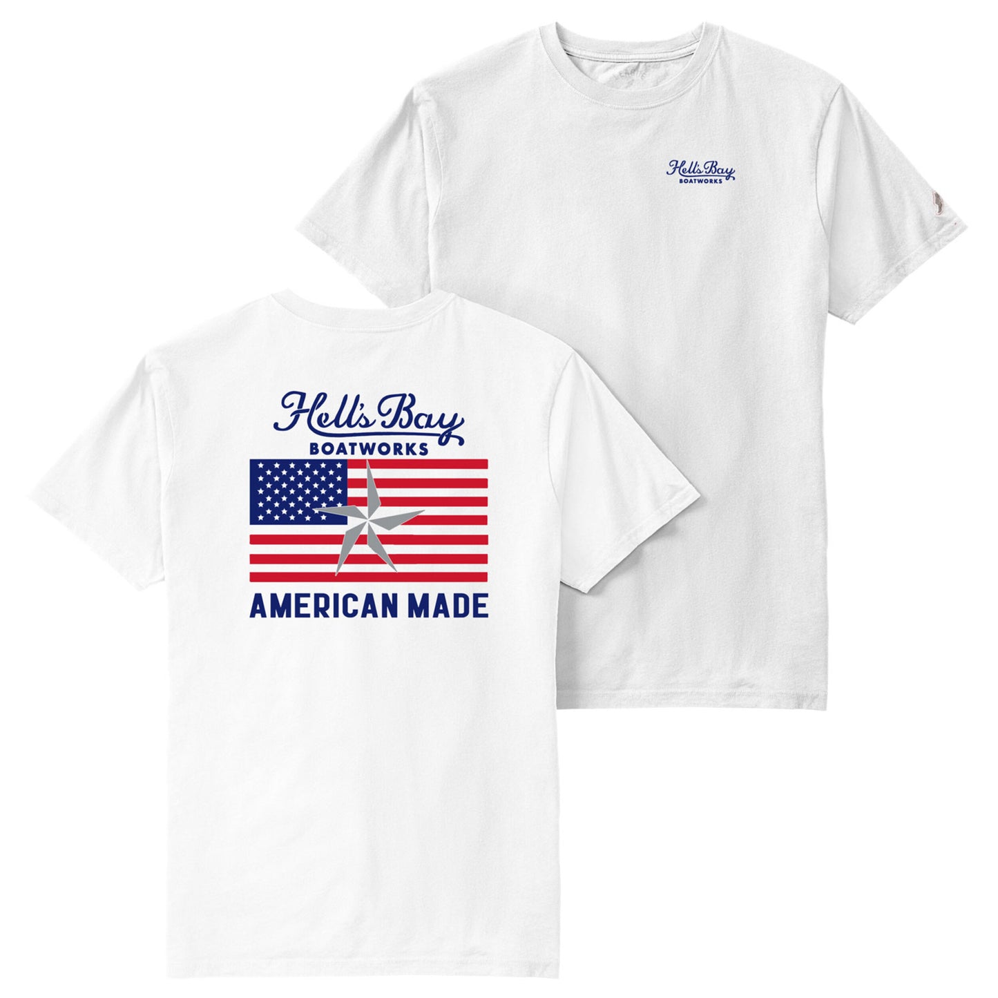 White t-shirt with 'Hells Bay Boatworks' logo and American flag design on a white background
