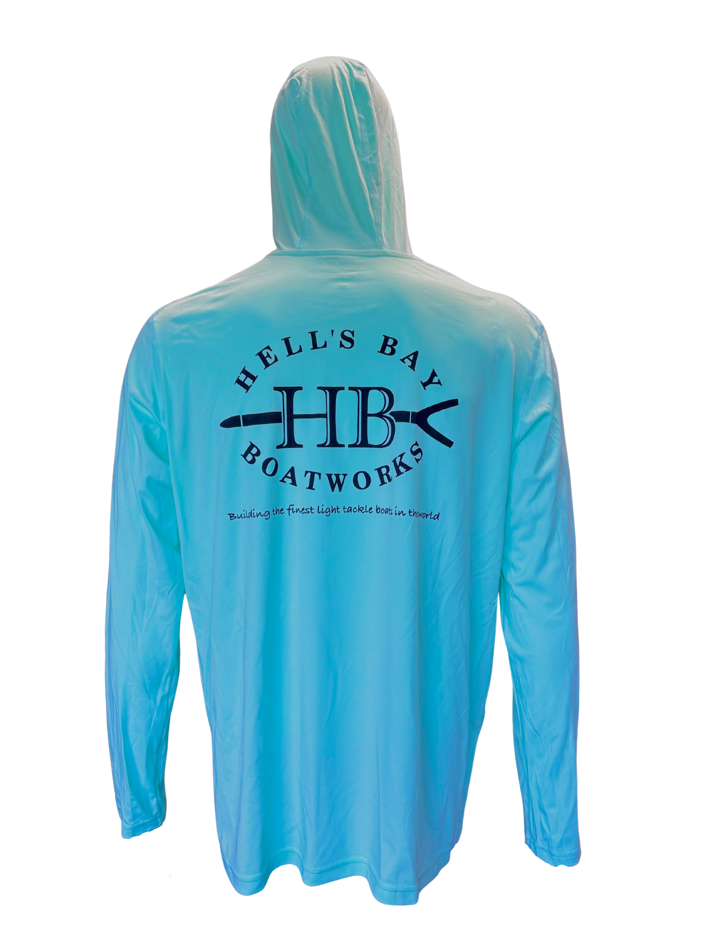 
                  
                    A light blue hooded long-sleeve performance shirt shown from the back, featuring a large black 'HELL'S BAY BOATWORKS' logo with a boat anchor graphic across the upper back.
                  
                
