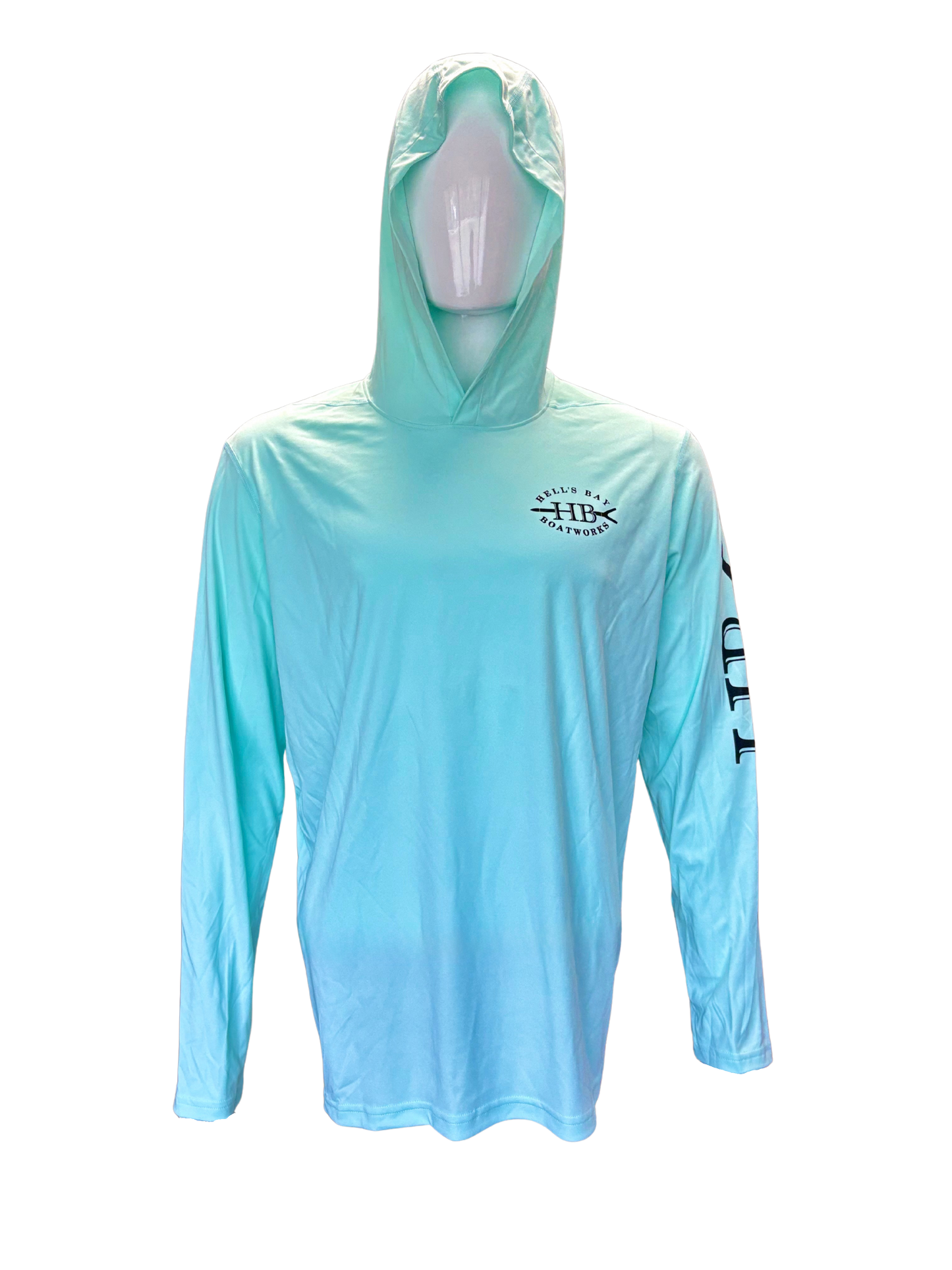 
                  
                    A light aqua long-sleeve hooded performance shirt with a small black chest logo and a black graphic on the right sleeve, displayed on a white mannequin torso against a white background.
                  
                