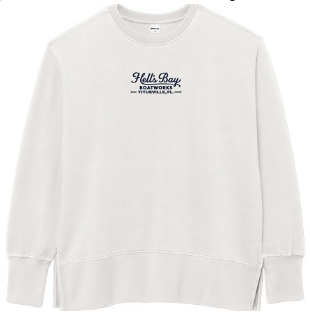 An off-white crewneck sweatshirt with a dark navy blue 'Hello Ray' graphic printed on the center chest, displayed against a solid white background.